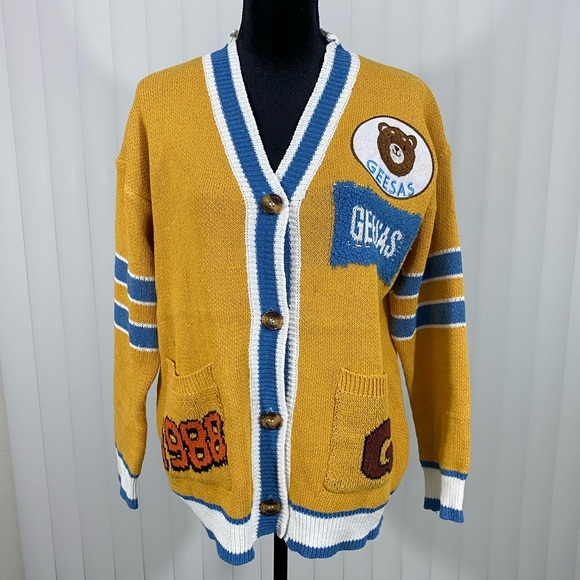 AELFRIC EDEN Unisex Varsity Letterman Sweater Cardigan Patchwork Yellow Gold M - Picture 2 of 12